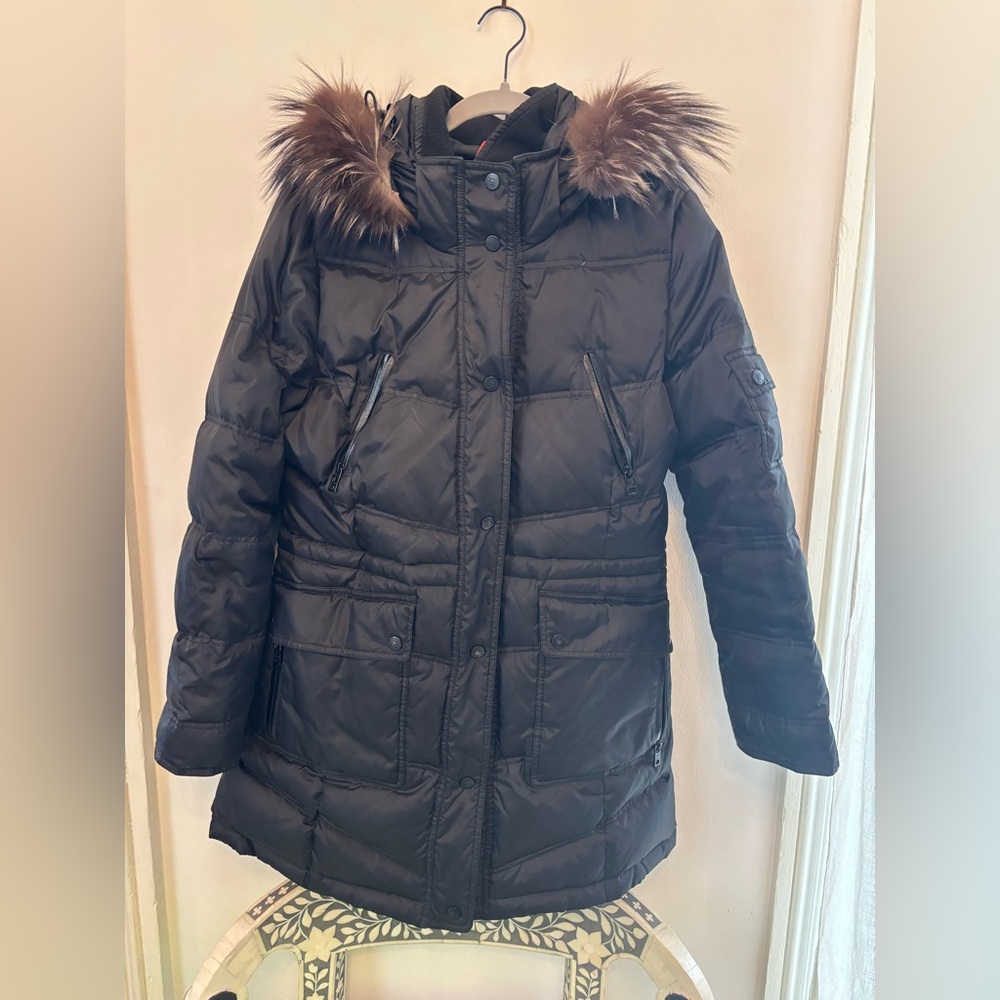 London Fog Black Puffer Jacket with Faux Fur Hood
